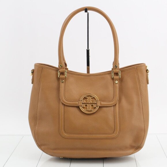 Tory Burch Amanda Logo Flap Zip Tote Shoulder Bag Camel Leather - Picture 1 of 9